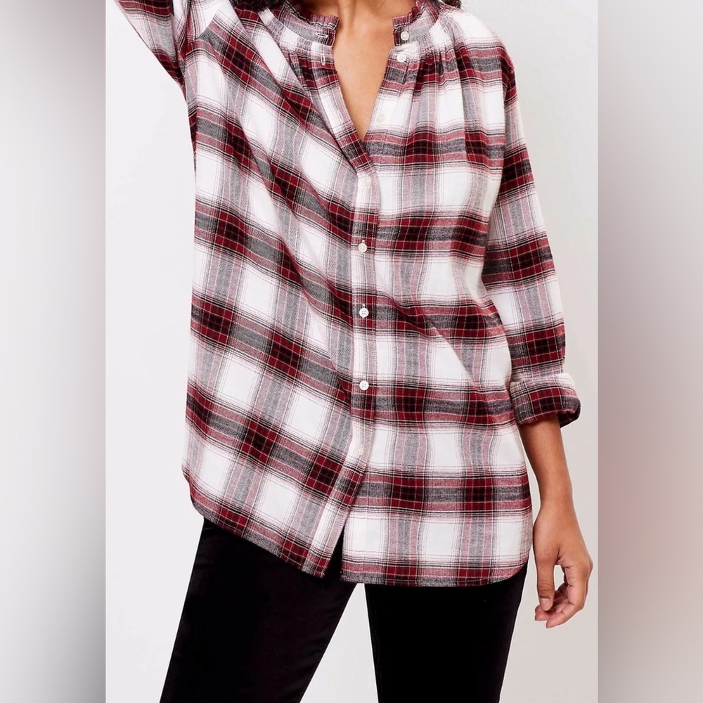 Loft Red White Plaid Long Sleeve Buttondown Blouse Ruffle Autumn